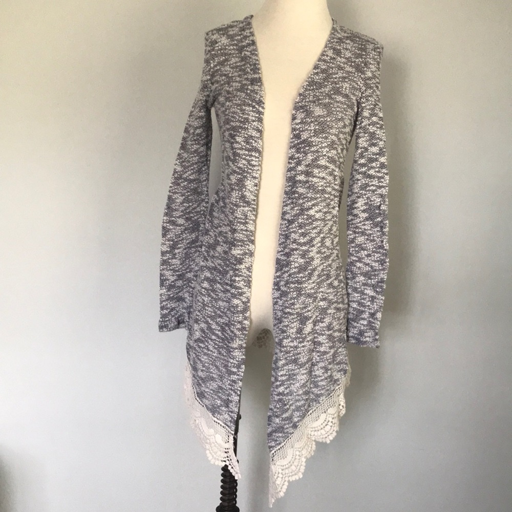 Blue and White Heathered Crochet Cardigan
